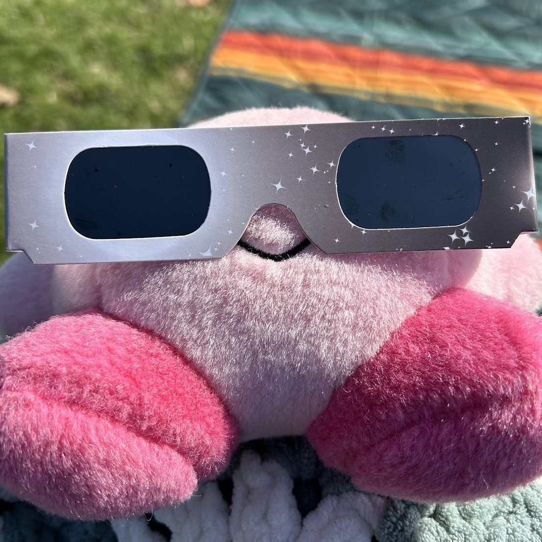 a round pink friend wearing solar eclipse glasses